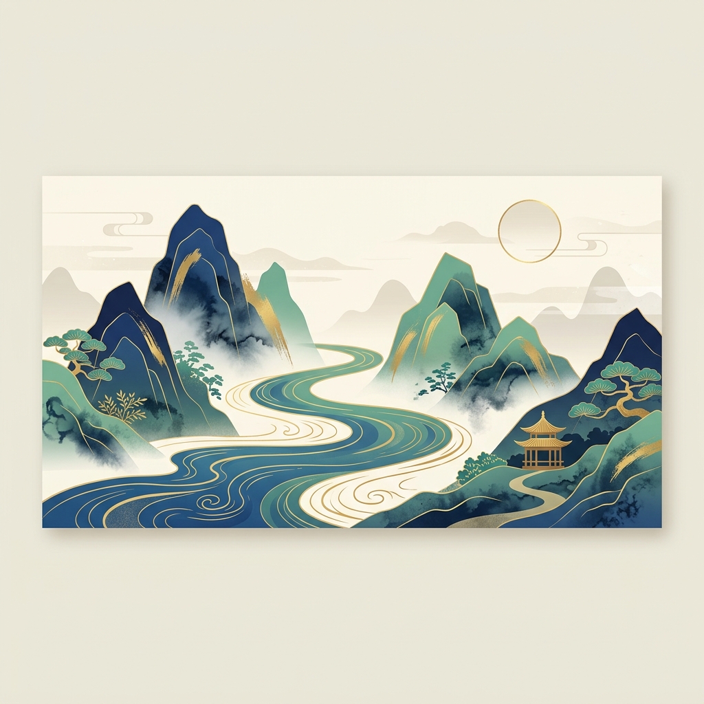 山水と流れる水の伝統的な意象を表現した挿絵